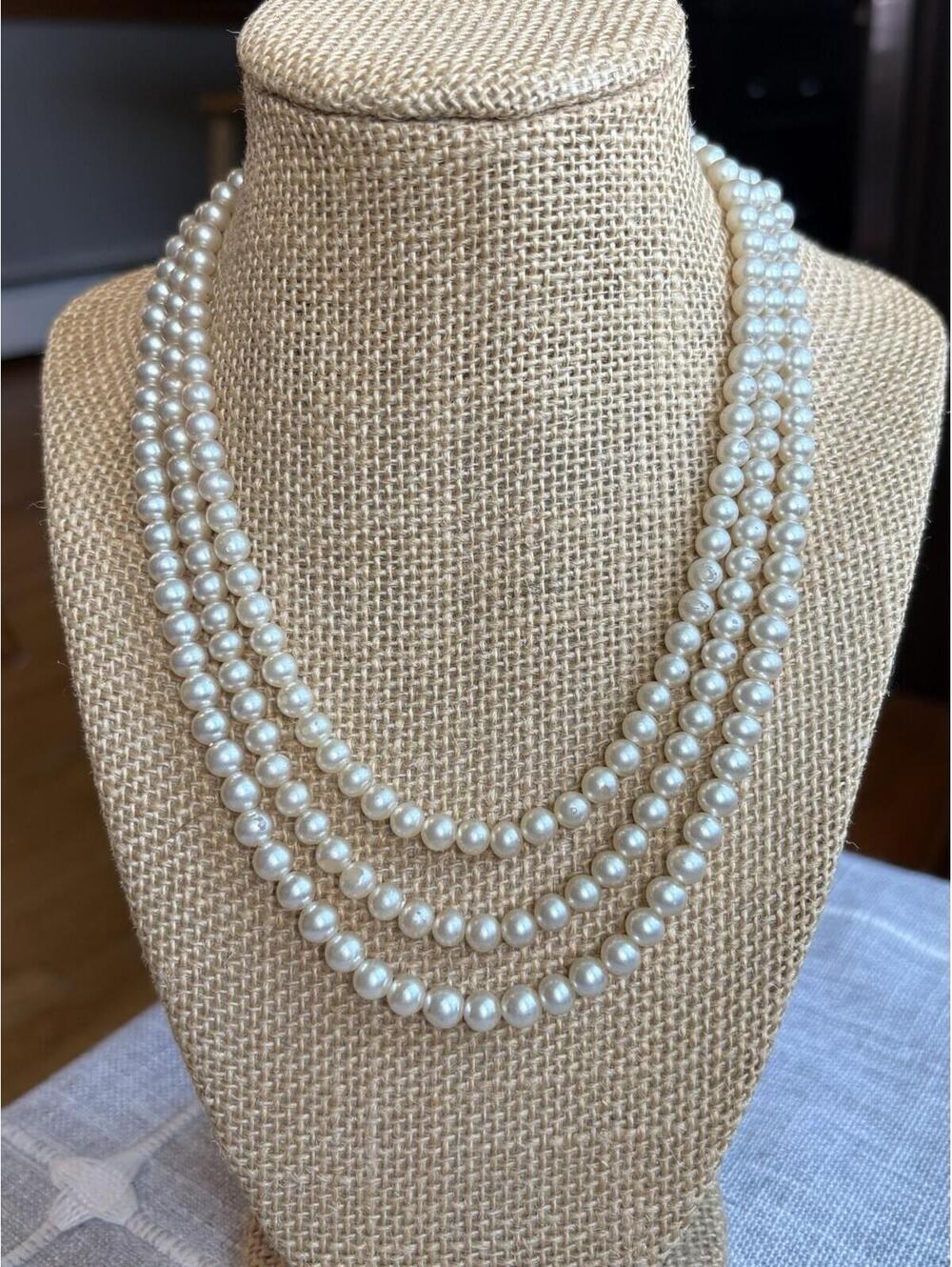 Vintage Sarah Coventry 3 Strand Faux Pearl Necklace Rhinestone Clasp Signed